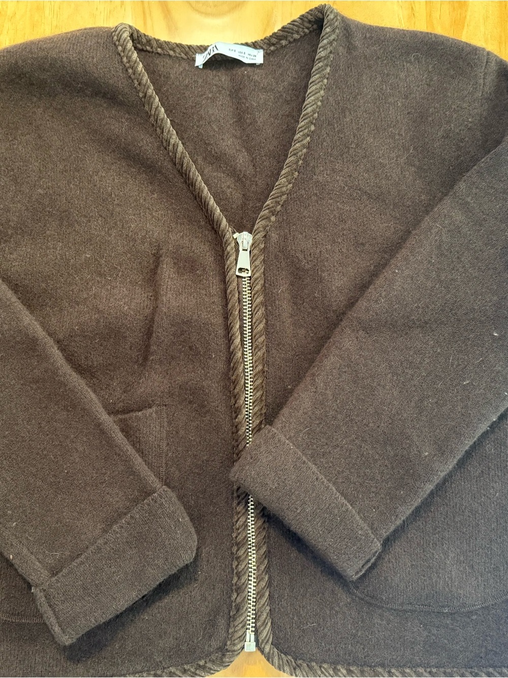 Zara Women's Dark Brown Zip-Front Wool Cardigan